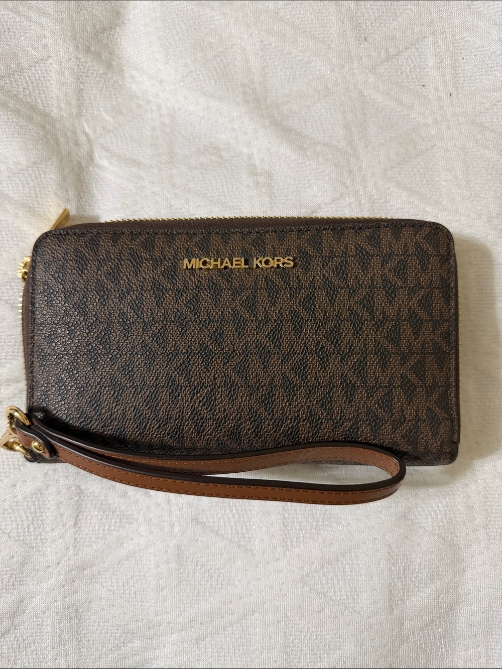 Michael Kors Brown MK Logo Zip Wristlet with Gold Hardware ( final sale)